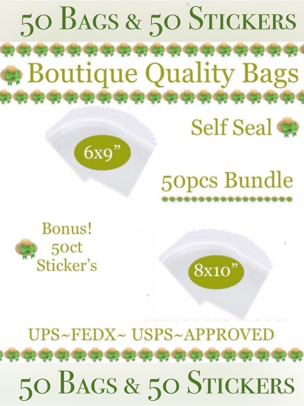 50pcs Bag Bundle 25 (6x9”) & 25 (8x10”) Clear Cello Bags w/50ct Free Stickers…